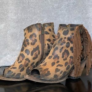Liberty Black Leopard 7.5 Fringe Open Toe Bootie